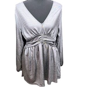 Shimmer Silver Mini Dress Ruched V Neck Long Sleeve‎ Party Club Bodycon Size L